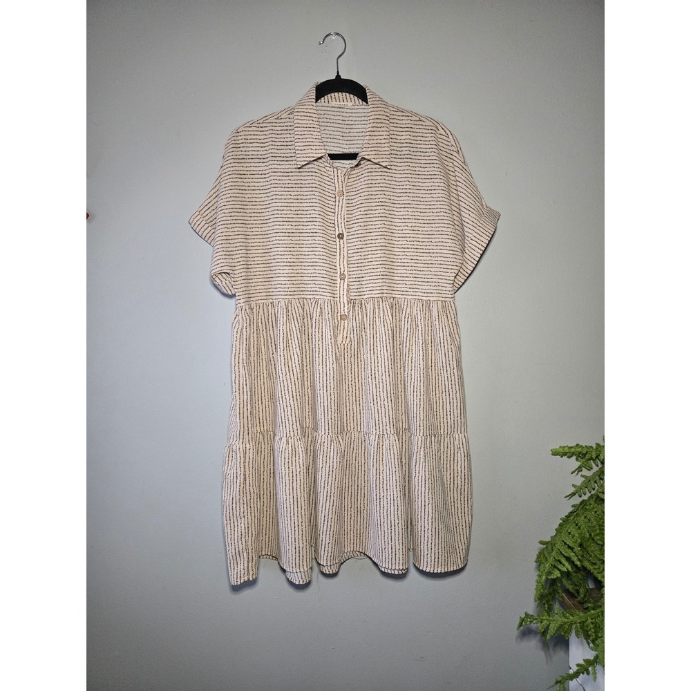 Jodifl Striped Tiered Shirt Dress Beige Brown Cottagecore Boho Midi Medium - Picture 2 of 8